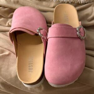 JustFab Blush Pink Mules with Silver Buckle